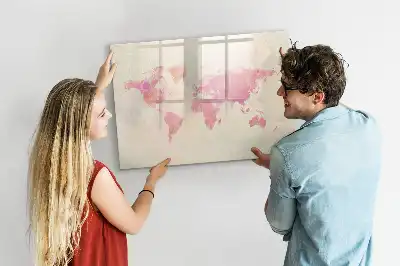 Magnetisch glazen schrijfbord met aquarel wereldkaart voor notities en foto's