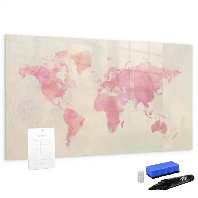 Magnetisch glazen schrijfbord met aquarel wereldkaart voor notities en foto's