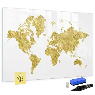 Beschrijfbaar glazen magneetbord met design van een gouden wereldkaart