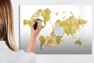 Beschrijfbaar glazen magneetbord met design van een gouden wereldkaart