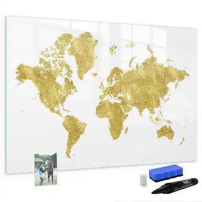 Beschrijfbaar glazen magneetbord met design van een gouden wereldkaart