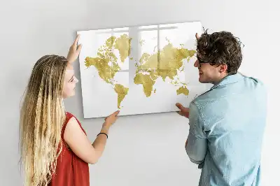 Beschrijfbaar glazen magneetbord met design van een gouden wereldkaart