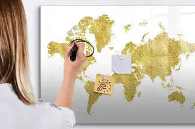 Beschrijfbaar glazen magneetbord met design van een gouden wereldkaart