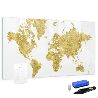 Beschrijfbaar glazen magneetbord met design van een gouden wereldkaart