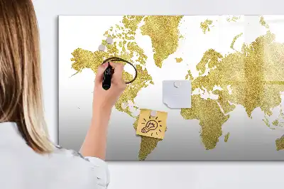 Beschrijfbaar glazen magneetbord met design van een gouden wereldkaart