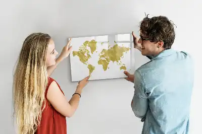 Beschrijfbaar glazen magneetbord met design van een gouden wereldkaart