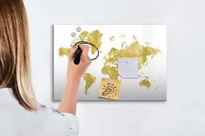 Beschrijfbaar glazen magneetbord met design van een gouden wereldkaart