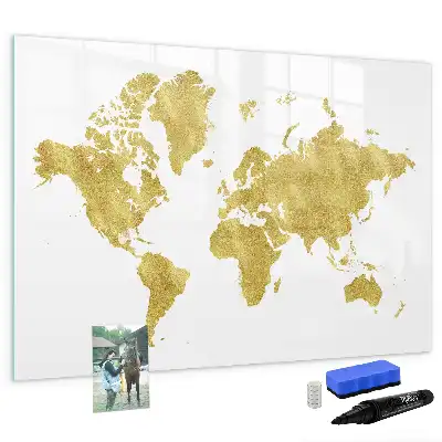 Beschrijfbaar glazen magneetbord met design van een gouden wereldkaart