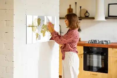 Beschrijfbaar glazen magneetbord met design van een gouden wereldkaart