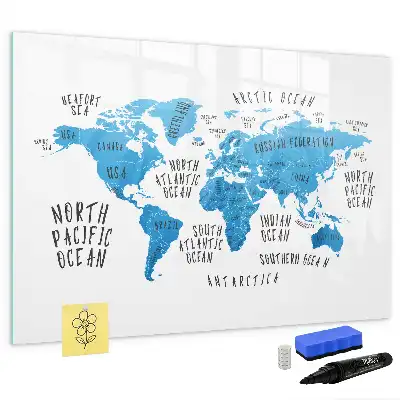 Magnetisch glazen schrijfbord met blauwe wereldkaart