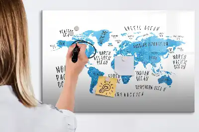 Magnetisch glazen schrijfbord met blauwe wereldkaart