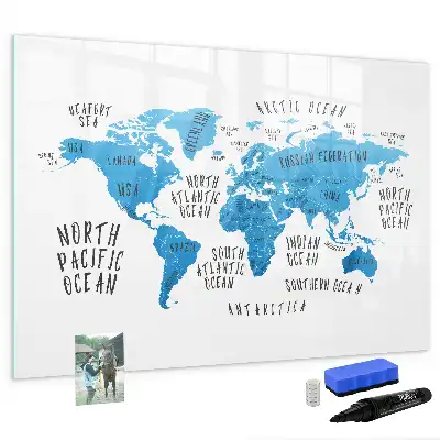 Magnetisch glazen schrijfbord met blauwe wereldkaart