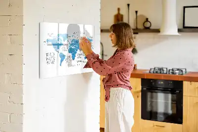 Magnetisch glazen schrijfbord met blauwe wereldkaart