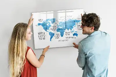 Magnetisch glazen schrijfbord met blauwe wereldkaart