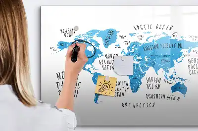 Magnetisch glazen schrijfbord met blauwe wereldkaart