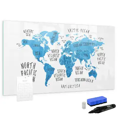 Magnetisch glazen schrijfbord met blauwe wereldkaart