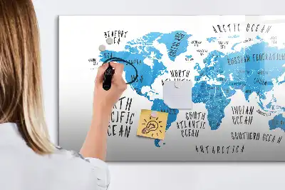 Magnetisch glazen schrijfbord met blauwe wereldkaart