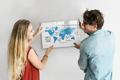 Magnetisch glazen schrijfbord met blauwe wereldkaart