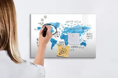 Magnetisch glazen schrijfbord met blauwe wereldkaart