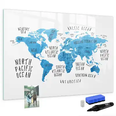 Magnetisch glazen schrijfbord met blauwe wereldkaart