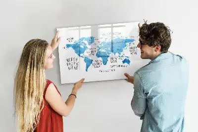 Magnetisch glazen schrijfbord met blauwe wereldkaart