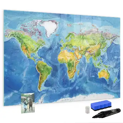 Glazen magneetbord wereldkaart beschrijfbaar designbord