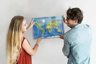 Glazen magneetbord wereldkaart beschrijfbaar designbord