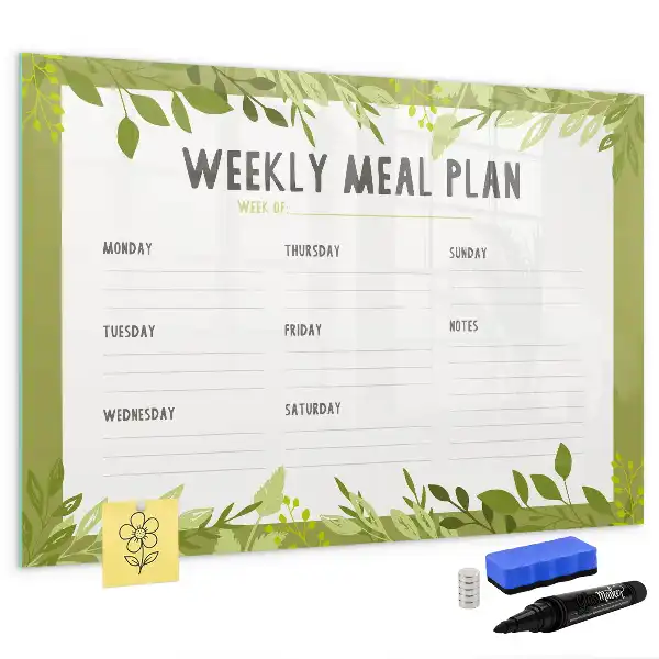 Beschrijfbaar glazen magneetbord met wekelijks menu opdruk