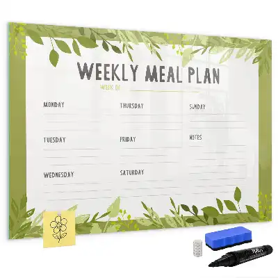 Beschrijfbaar glazen magneetbord met wekelijks menu opdruk