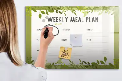Beschrijfbaar glazen magneetbord met wekelijks menu opdruk