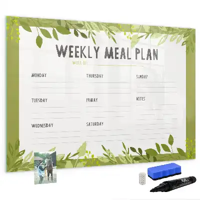Beschrijfbaar glazen magneetbord met wekelijks menu opdruk