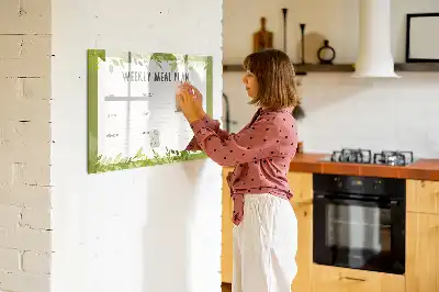 Beschrijfbaar glazen magneetbord met wekelijks menu opdruk