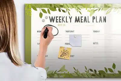 Beschrijfbaar glazen magneetbord met wekelijks menu opdruk