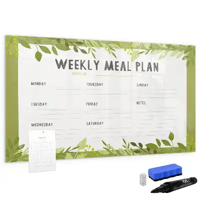 Beschrijfbaar glazen magneetbord met wekelijks menu opdruk