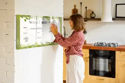 Beschrijfbaar glazen magneetbord met wekelijks menu opdruk