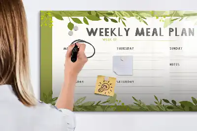 Beschrijfbaar glazen magneetbord met wekelijks menu opdruk