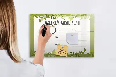Beschrijfbaar glazen magneetbord met wekelijks menu opdruk