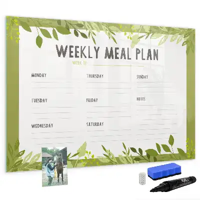 Beschrijfbaar glazen magneetbord met wekelijks menu opdruk