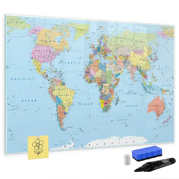 Glazen magneetbord wereldkaart beschrijfbaar ontwerp