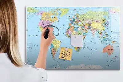 Glazen magneetbord wereldkaart beschrijfbaar ontwerp