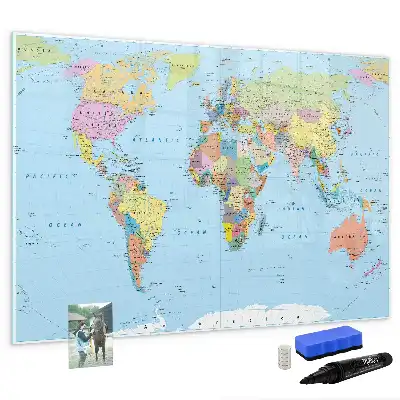 Glazen magneetbord wereldkaart beschrijfbaar ontwerp