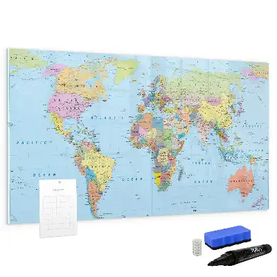 Glazen magneetbord wereldkaart beschrijfbaar ontwerp