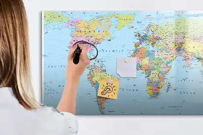 Glazen magneetbord wereldkaart beschrijfbaar ontwerp