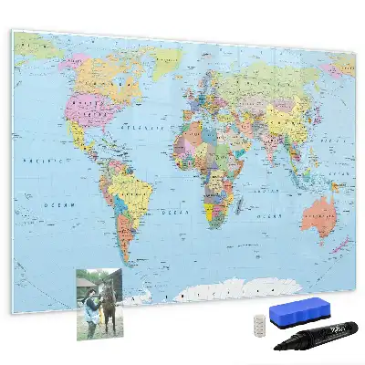 Glazen magneetbord wereldkaart beschrijfbaar ontwerp