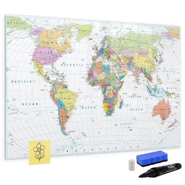 Magnetisch glazen memobord met wereldkaartprint