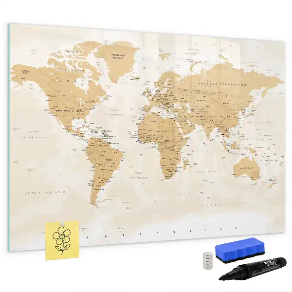 Politieke wereldkaart beschrijfbaar magneetbord van glas met design