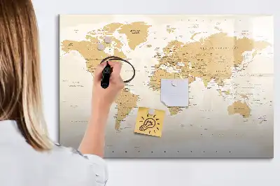 Politieke wereldkaart beschrijfbaar magneetbord van glas met design