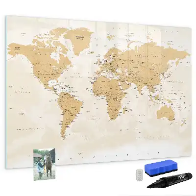 Politieke wereldkaart beschrijfbaar magneetbord van glas met design