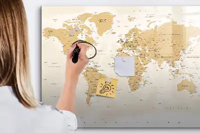 Politieke wereldkaart beschrijfbaar magneetbord van glas met design
