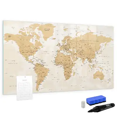 Politieke wereldkaart beschrijfbaar magneetbord van glas met design